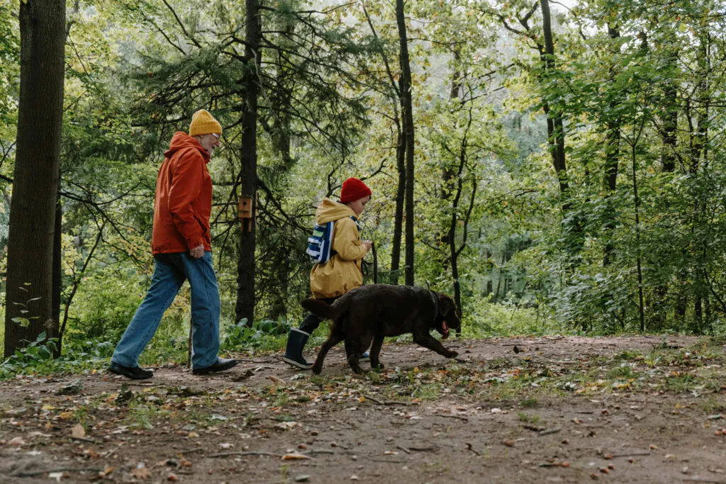 family-walking-dog-through-Cornish-woods