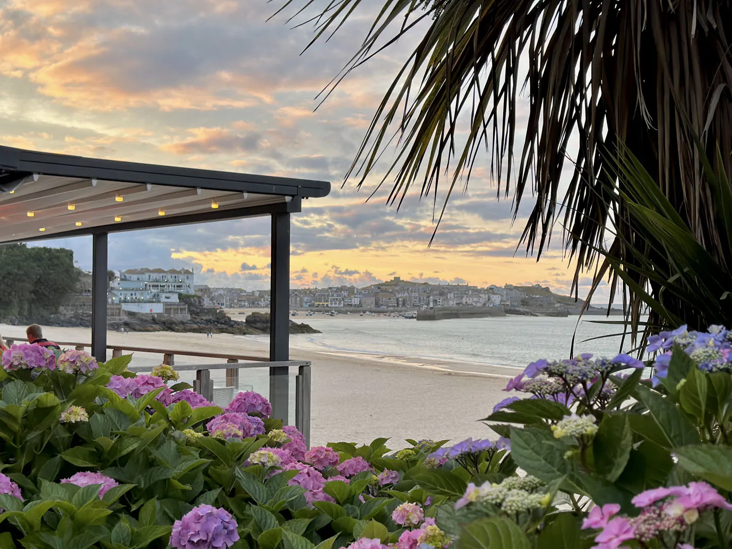 Scenic view across St Ives Harbour from the balcony at the Porthminster Beach Cafe, one of the best restaurants in St Ives.